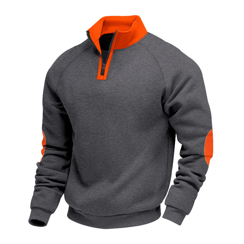 Herren modischer Sweatpullover mit halbem Reißverschluss und kontrastierenden Ellenbogenpatches R&B