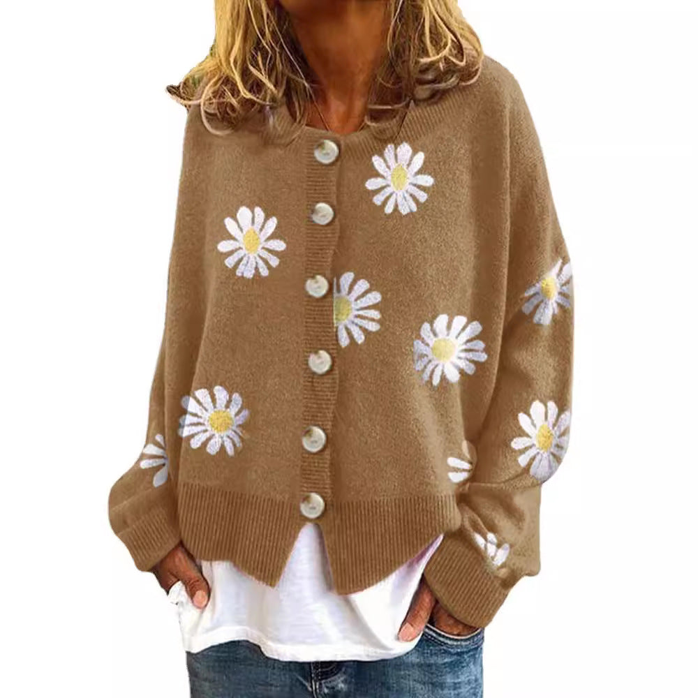 Damen Casual Strickjacke mit Blumendruck und Knopfdetails