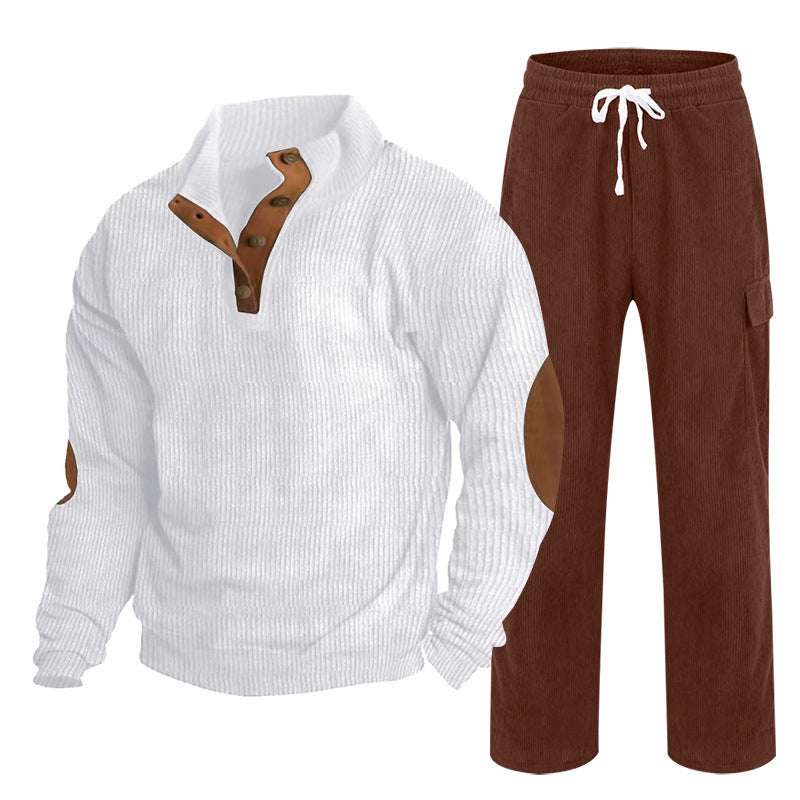 Herren nan strukturiertes Feinstrick-Halbknopf-Pullover und Feincord-Cargo-Zweiteiler R&B