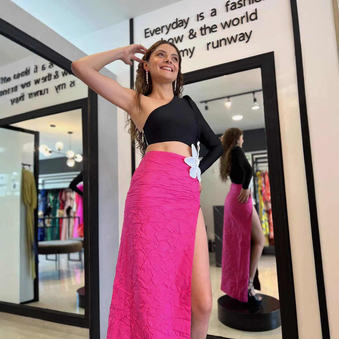 Damen Elegantes Kleid mit asymmetrischem Oberteil und floralem Akzent R&B