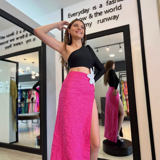 Damen Elegantes Kleid mit asymmetrischem Oberteil und floralem Akzent R&B