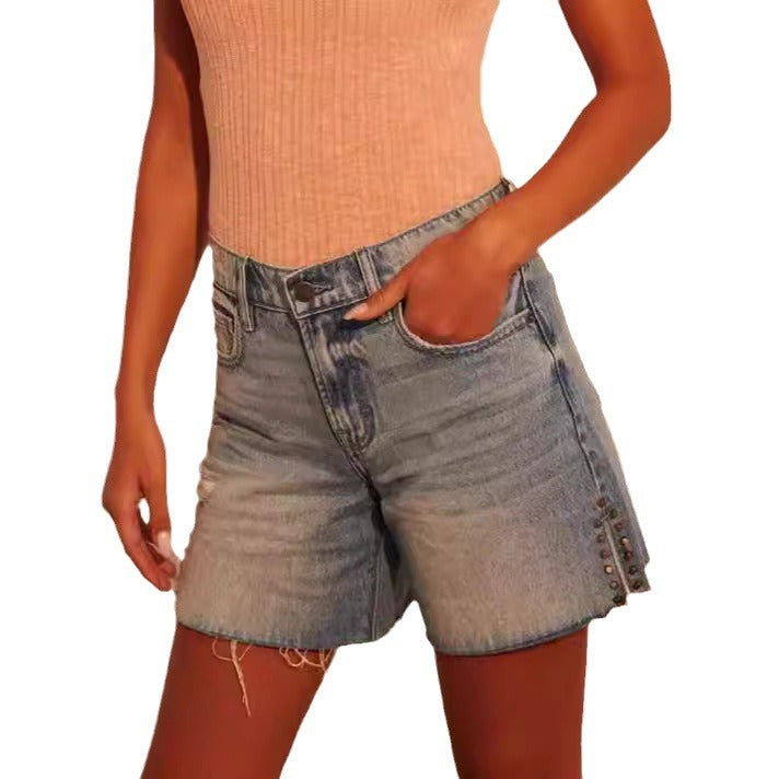 Damen modische Destroyed Denim-Shorts mit Nietenverzierung R&B