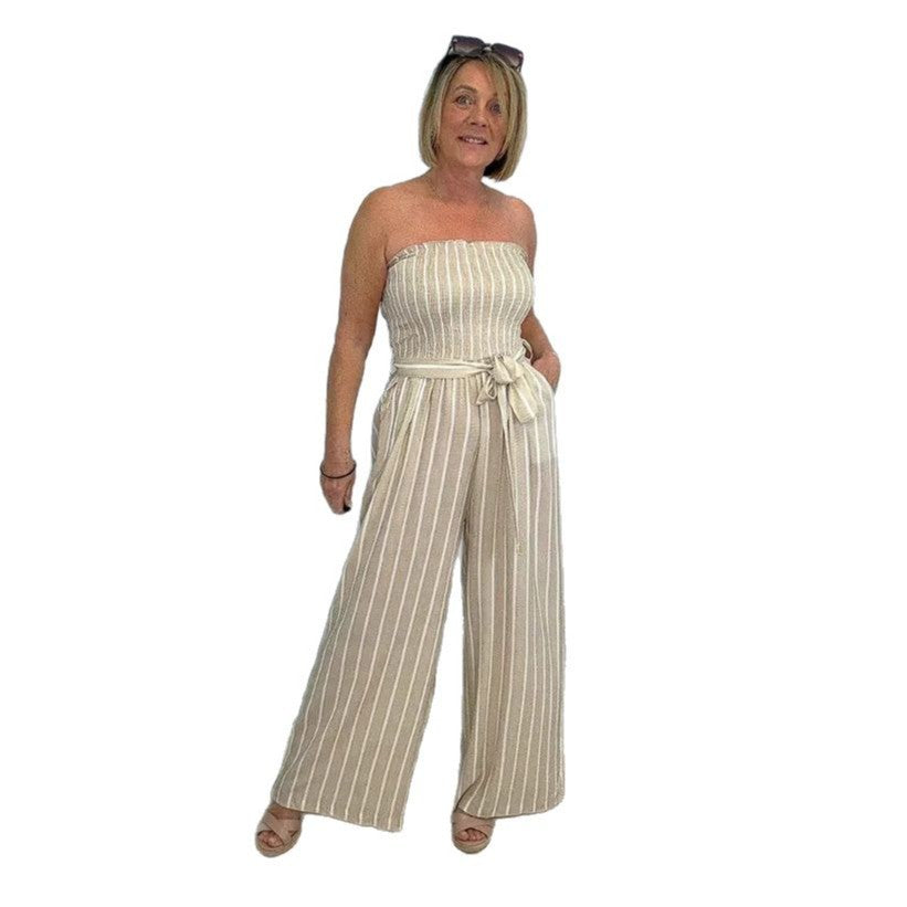 Damen Eleganter Jumpsuit mit gestreiftem Design und Gürtel R&B