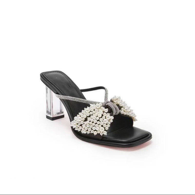 Damen Glamouröse Sandalen mit Perlenapplikation und transparentem Blockabsatz