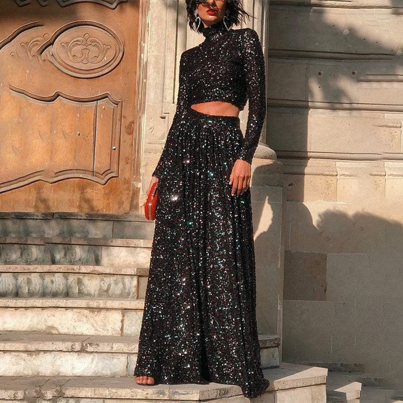 Damen nan zweiteiliges Pailletten-Abendset mit hochgeschlossenem Crop-Top und fließendem Maxirock R&B