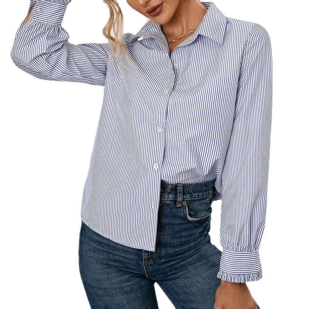 Damen Bluse mit Streifenmuster und modischem Knopfdetail R&B