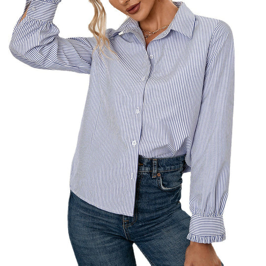 Damen Bluse mit Streifenmuster und modischem Knopfdetail R&B