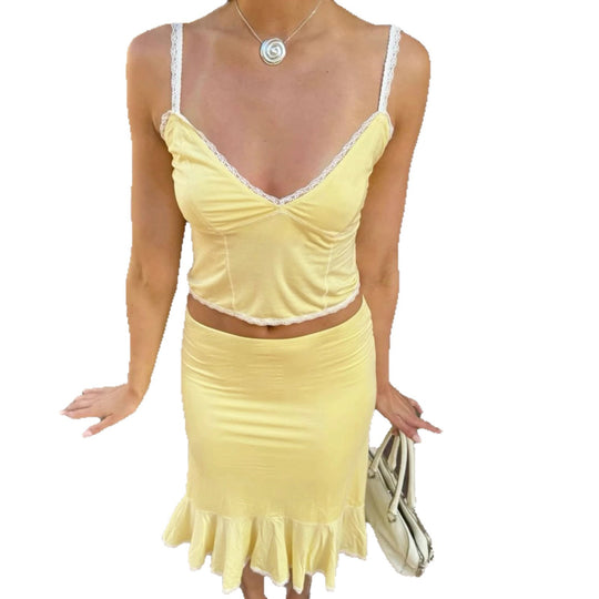 Damen Crop-Top und Midirock Set mit Rüschensaum R&B