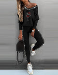 Damen Trendiges Freizeit-Outfit mit Off-Shoulder Oberteil und dekorativen Steinchen R&B