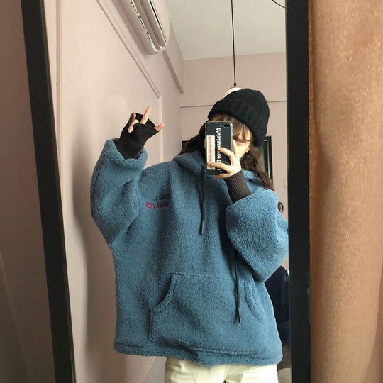 Damen kuscheliger Kapuzenpullover im Oversized-Stil mit vorderer Kängurutasche und elastischen Bündchen R&B