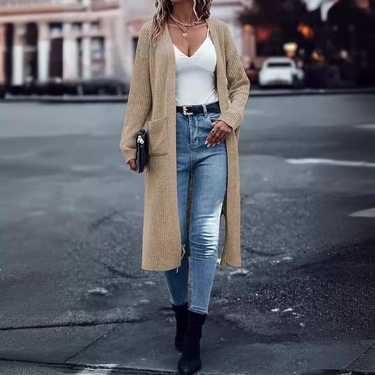 Damen Langer Strickcardigan mit tiefen Taschen und offenem Schnitt R&B