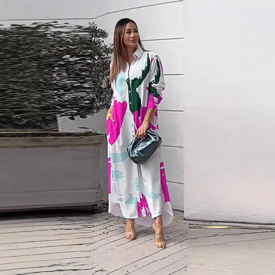 Damen lässiges Hemdblusenkleid mit buntem Grafikdruck und praktischen Taschen R&B