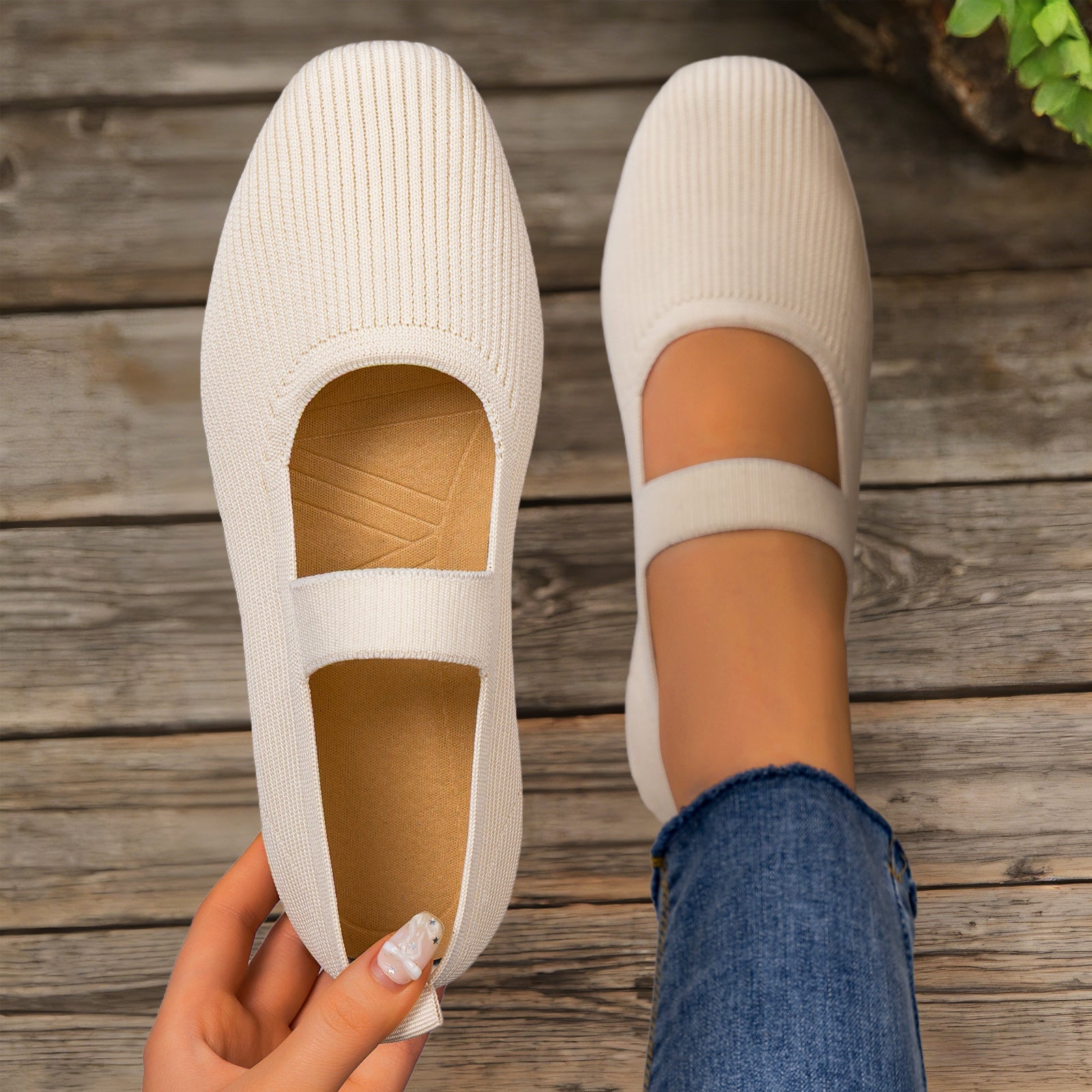Damen Bequeme Ballerinas mit elastischem Riemen und atmungsaktivem Obermaterial