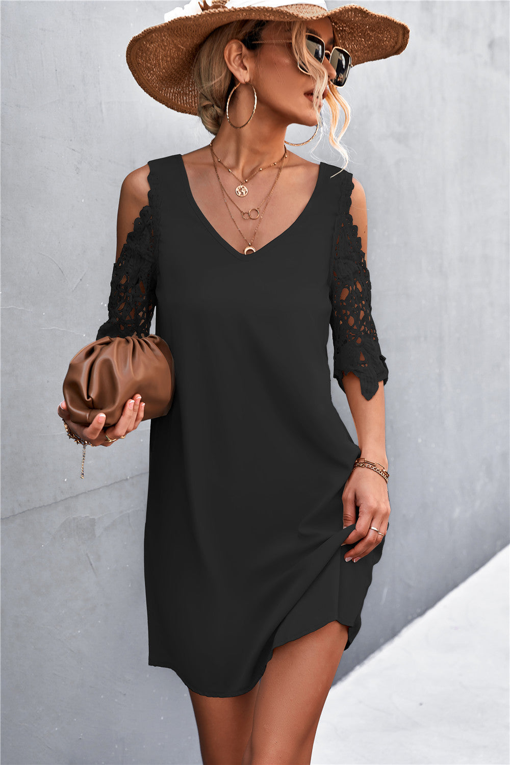 Damen luftiges Minikleid mit Spitzeneinsatz und elegantem V-Ausschnitt R&B