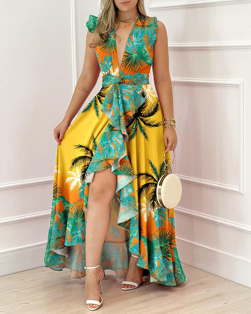 Damen Maxi-Kleid mit tiefem V-Ausschnitt und asymmetrischem Rock R&B
