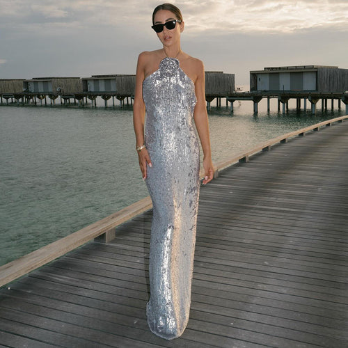 Damen glamouröses Pailletten-Maxikleid mit elegantem Stehkragen R&B