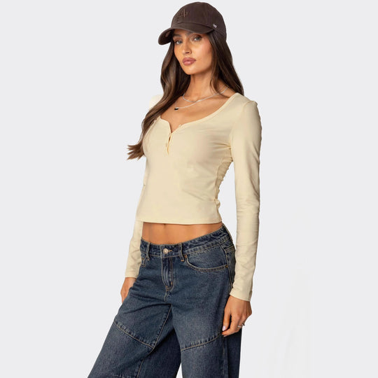 Damen Cropped Langarmhemd mit Knopfleiste und weichem Stoff R&B
