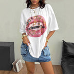 Damen Oversized T-Shirt mit kreativem Lippen- und Schmuckdesign R&B