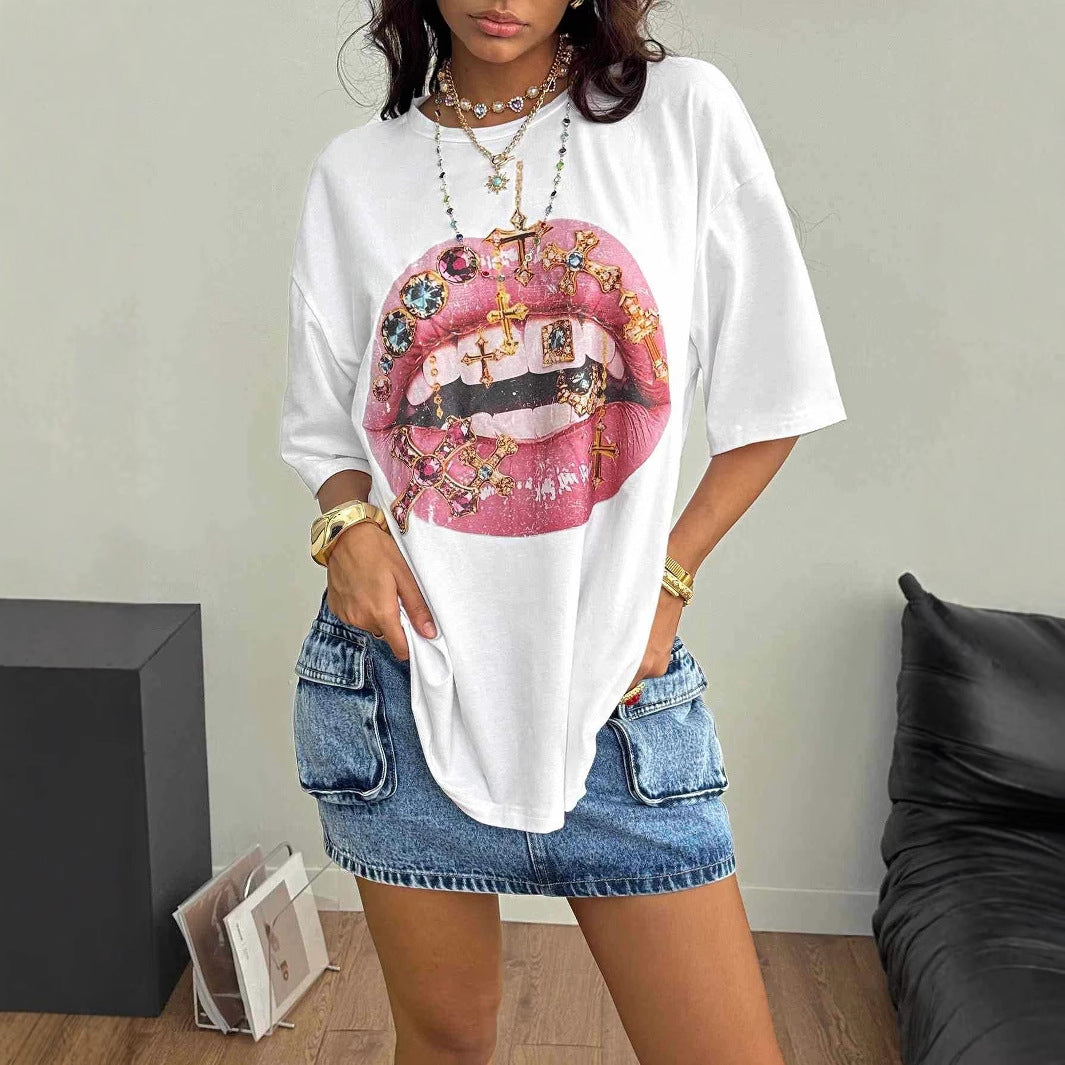 Damen Oversized T-Shirt mit kreativem Lippen- und Schmuckdesign R&B