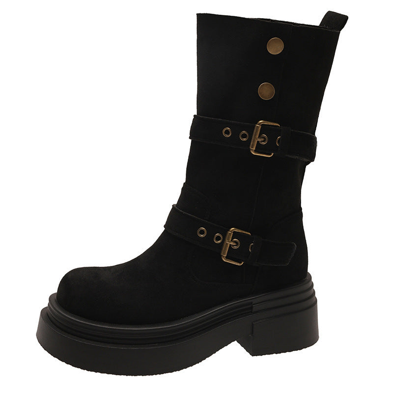 Damen Chunky Stiefel mit modischem Schnallen-Design und robuster Sohle R&B