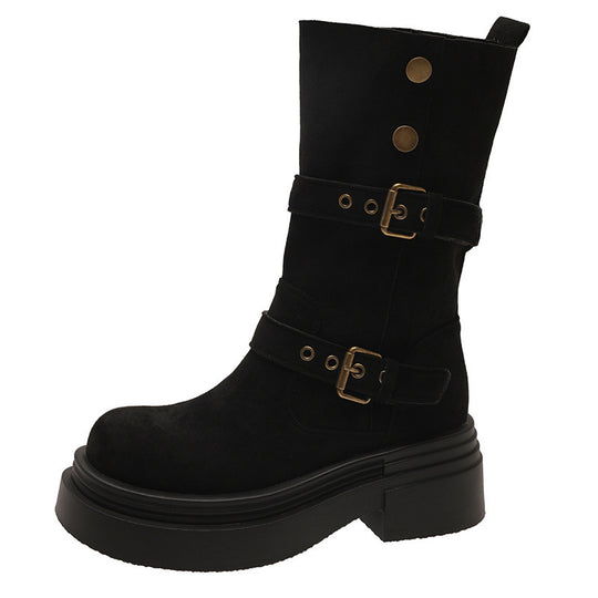 Damen Chunky Stiefel mit modischem Schnallen-Design und robuster Sohle R&B