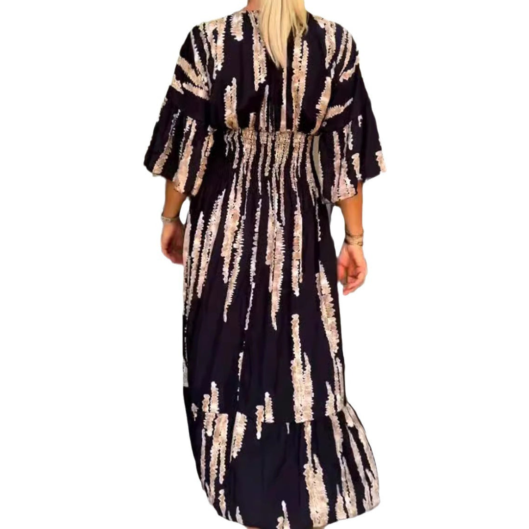 Damen nan Maxikleid mit V-Ausschnitt, vertikalem Pinselprint, geraffter Unterbrustnaht und stufigem Volantrock R&B