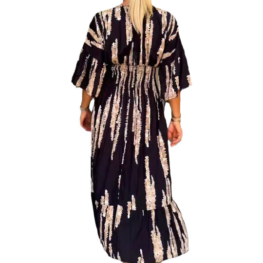 Damen nan Maxikleid mit V-Ausschnitt, vertikalem Pinselprint, geraffter Unterbrustnaht und stufigem Volantrock R&B