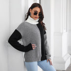 Damen Grobstrickpullover mit hohem Kragen und modernem Farbblock-Design R&B