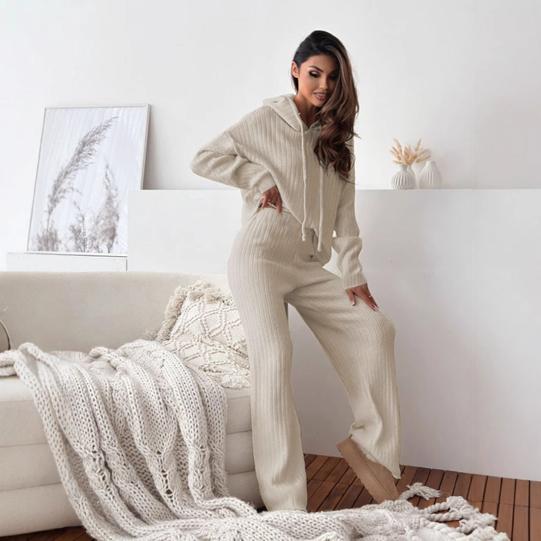 Damen Strick Lounge-Set mit Kapuze und weitem Beinschnitt R&B