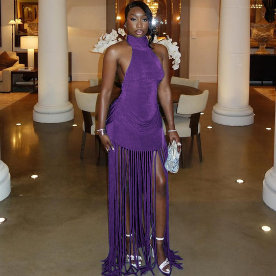 Damen stylisches und figurbetontes Abendkleid mit Fransen und hochgeschlossenem Design R&B
