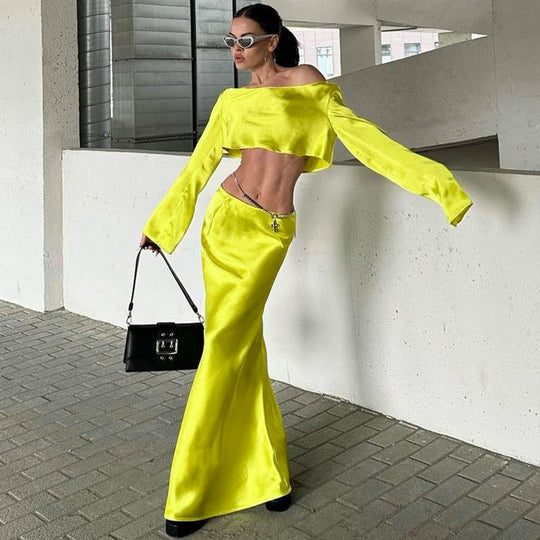 Damen Asymmetrisches Crop-Top mit langem Arm und fließendem Rock R&B