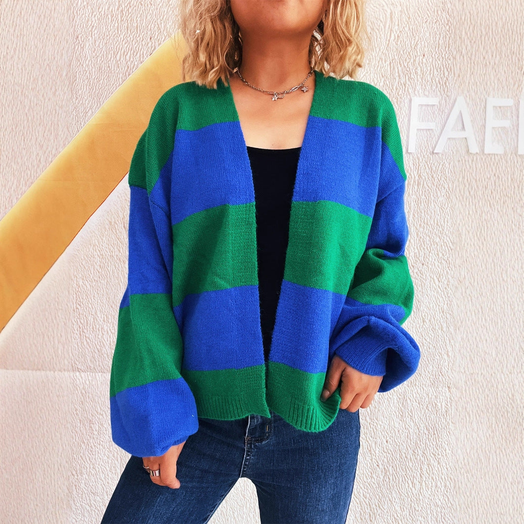 Damen lässige Strickjacke mit breitem Streifenmuster und extra weitem Schnitt R&B