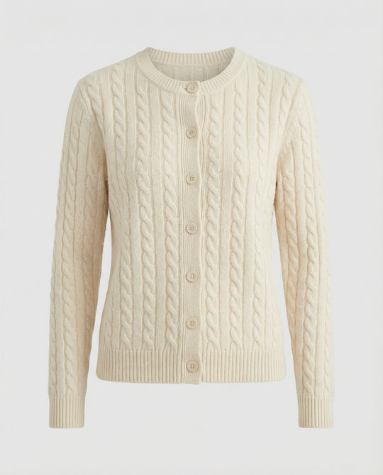 Damen klassische Zopfmuster-Strickjacke mit Rundhalsausschnitt und durchgehender Knopfleiste R&B