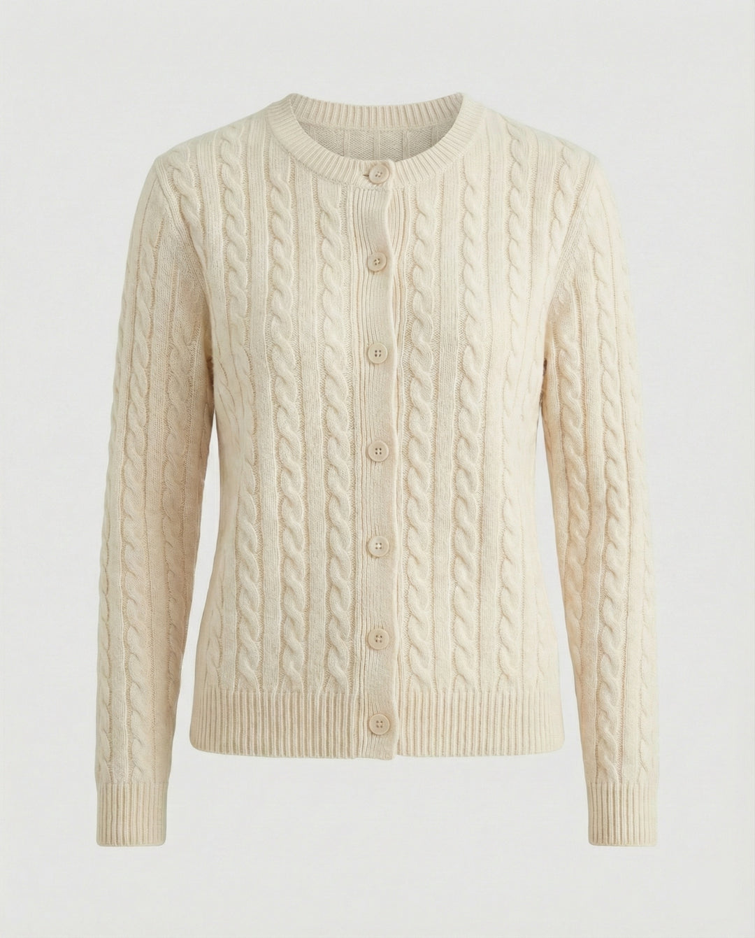 Damen klassische Zopfmuster-Strickjacke mit Rundhalsausschnitt und durchgehender Knopfleiste R&B