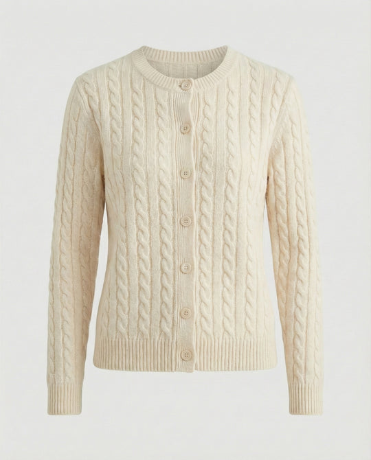 Damen klassische Zopfmuster-Strickjacke mit Rundhalsausschnitt und durchgehender Knopfleiste R&B