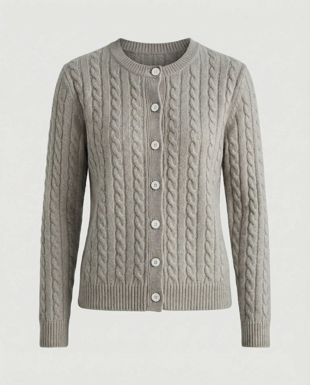 Damen klassische Zopfmuster-Strickjacke mit Rundhalsausschnitt und durchgehender Knopfleiste R&B