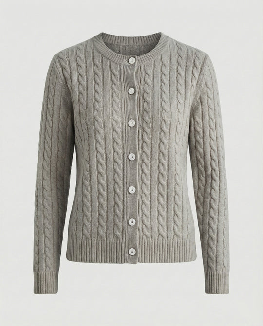 Damen klassische Zopfmuster-Strickjacke mit Rundhalsausschnitt und durchgehender Knopfleiste R&B