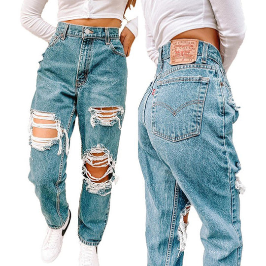Damen Vintage High-Waist Destroyed Jeans mit fransigen Details R&B