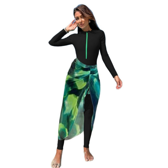 Damen Sportlicher Langarm-Schwimmanzug mit Wickeldesign R&B