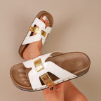 Damen modische Slide-Sandalen mit dekorativem Goldbesatz R&B