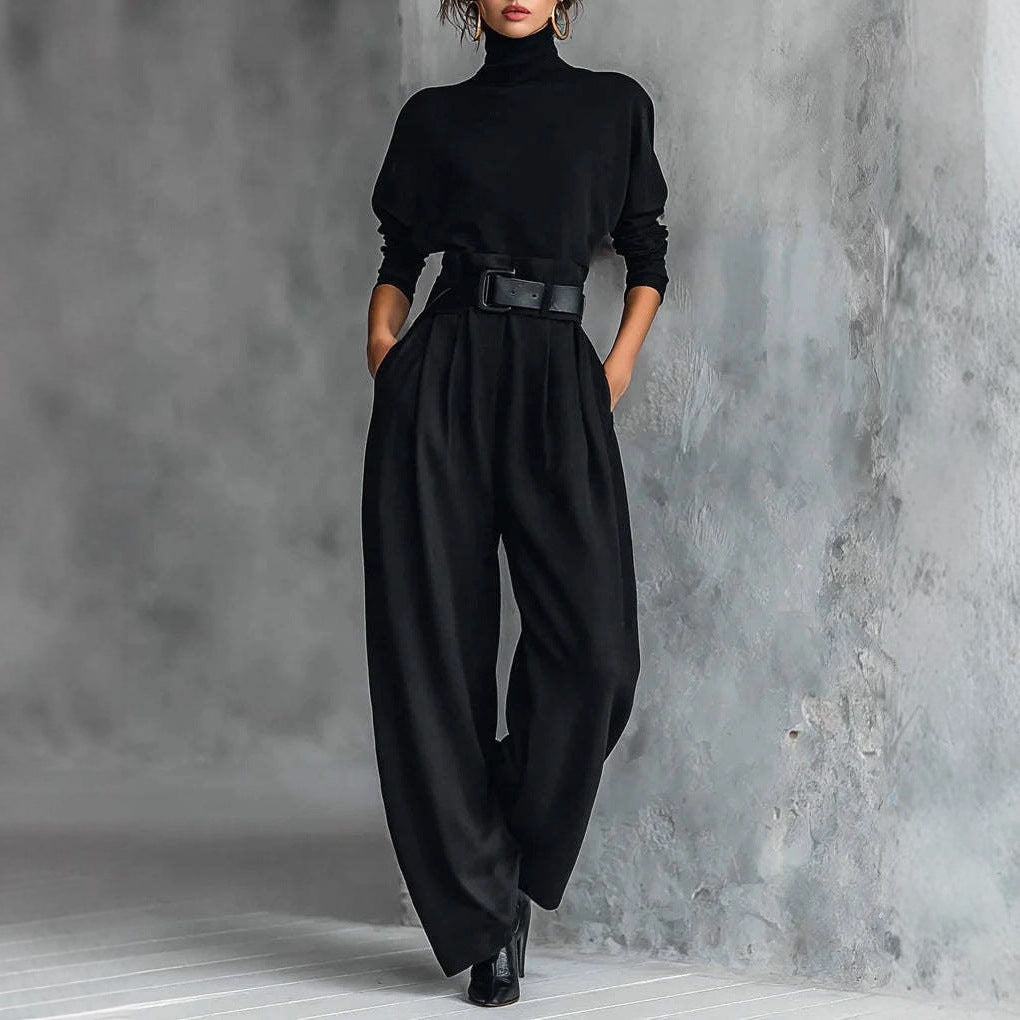 Damen nan elegante hochgeschnittene Plisseehose mit weitem Bein und Rollkragen-Feinstricktop R&B