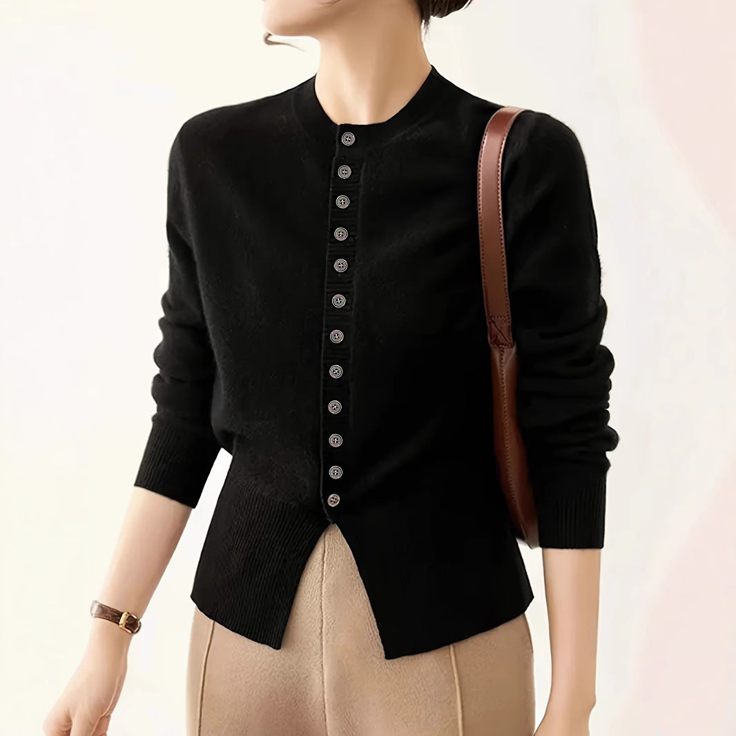 Damen modische Strickjacke mit Knopfleiste und Rippstrickdetails R&B