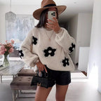 Damen Grobstrickpullover mit folkloristischen Blumenmustern und lässigem Schnitt R&B