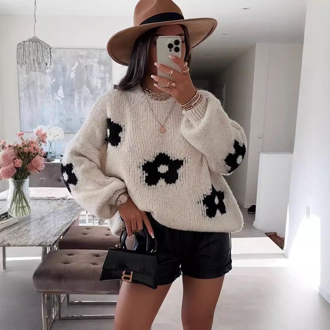 Damen Grobstrickpullover mit folkloristischen Blumenmustern und lässigem Schnitt R&B