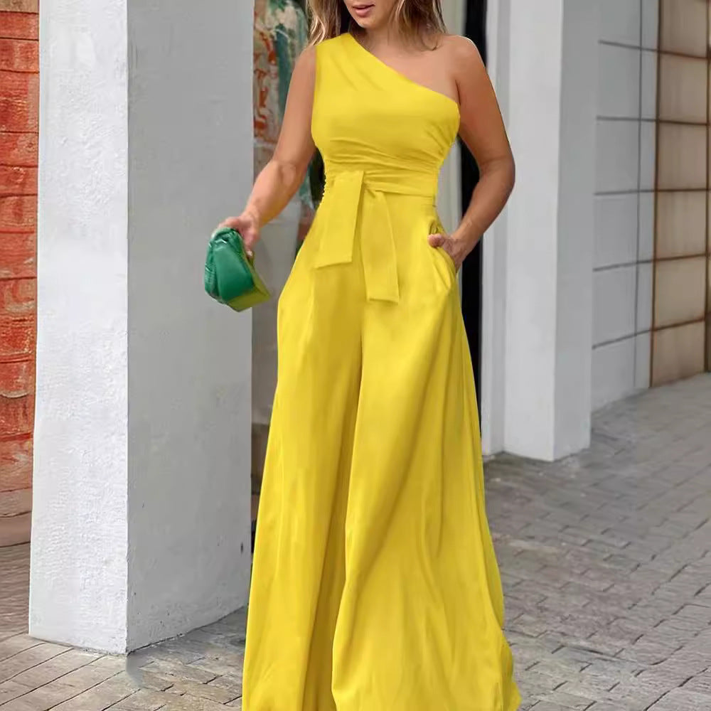 Damen Eleganter Jumpsuit mit asymmetrischem Ausschnitt und Taillengürtel R&B