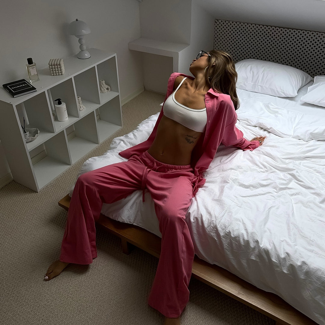 Damen lässiges Freizeit-Set aus leichtem Stoff mit weiten Hosen und lockerer Bluse R&B