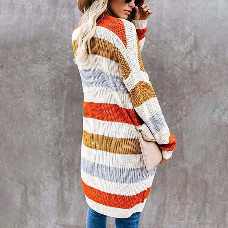 Damen lässige Strickjacke mit modischem Streifenmuster und praktischen Taschen R&B