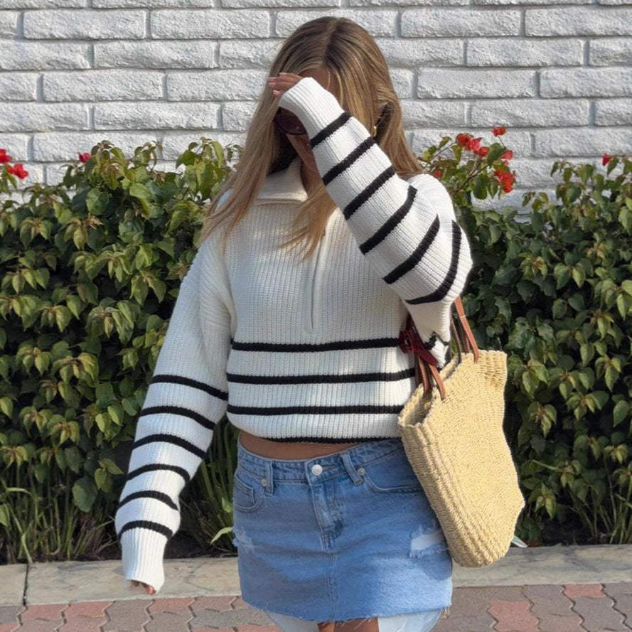 Damen sportlicher Strickpullover mit halbem Reißverschluss und Streifenmuster R&B