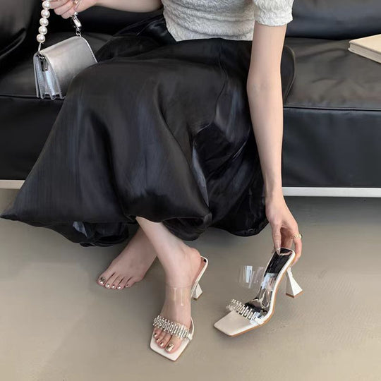 Damen elegante bequeme Sandalen mit transparentem Riemen und Perlenakzenten R&B