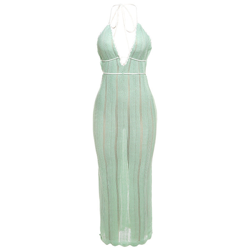 Damen Strick Maxikleid mit tiefem V-Ausschnitt und Bindebändern R&B